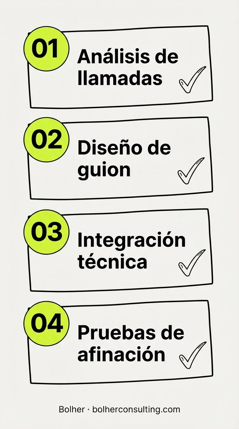 Infografía del proceso de 4 pasos para implementar un agente de voz IA en una empresa.
