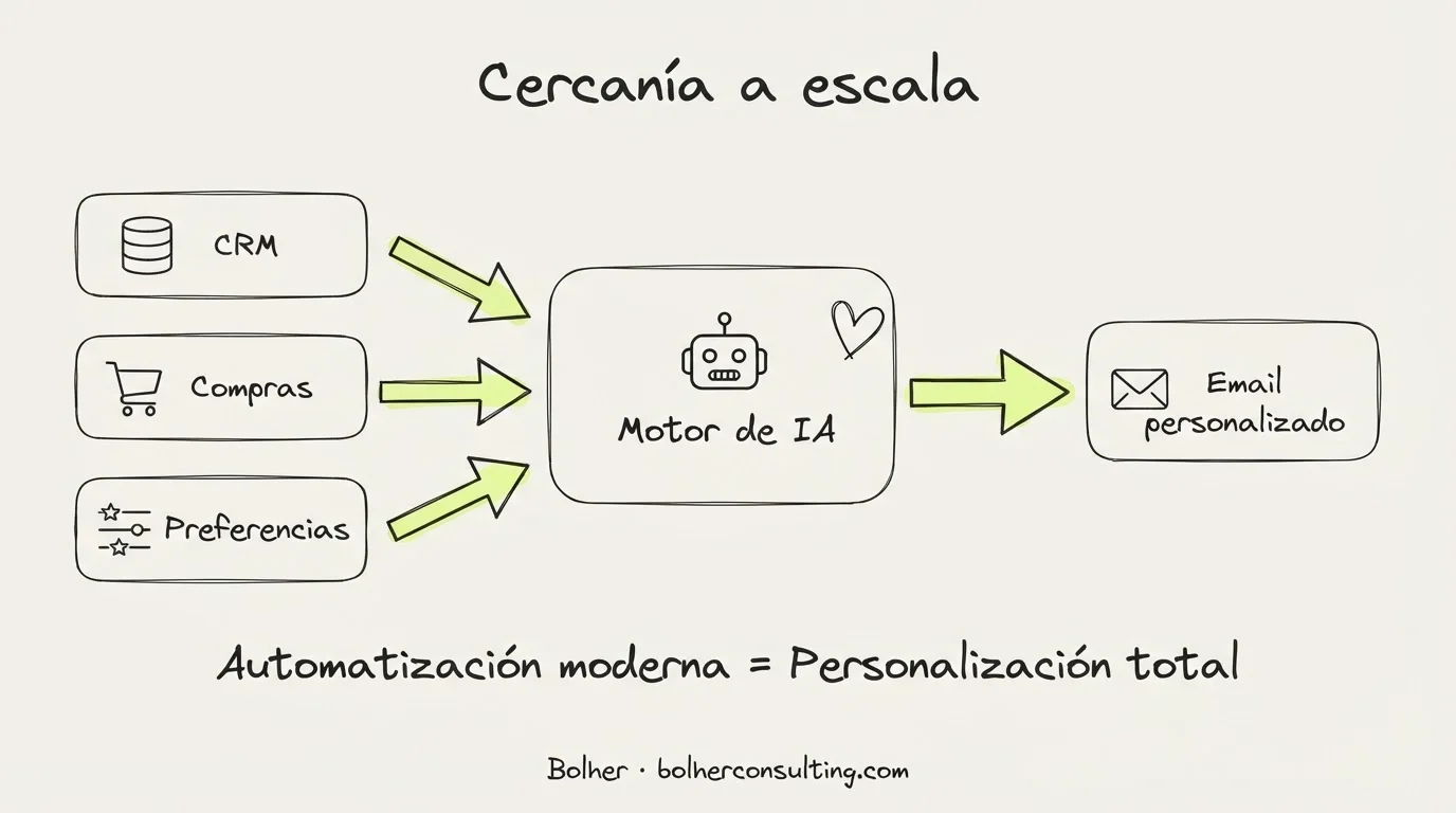 Infografía sobre personalización de emails mediante IA y datos de clientes.