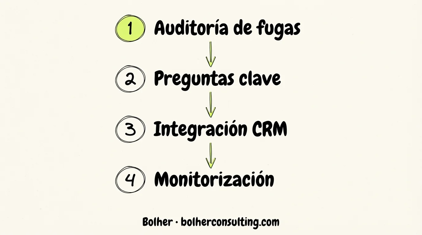 Pasos para implementar cualificación: auditoría, preguntas, integración y monitorización.