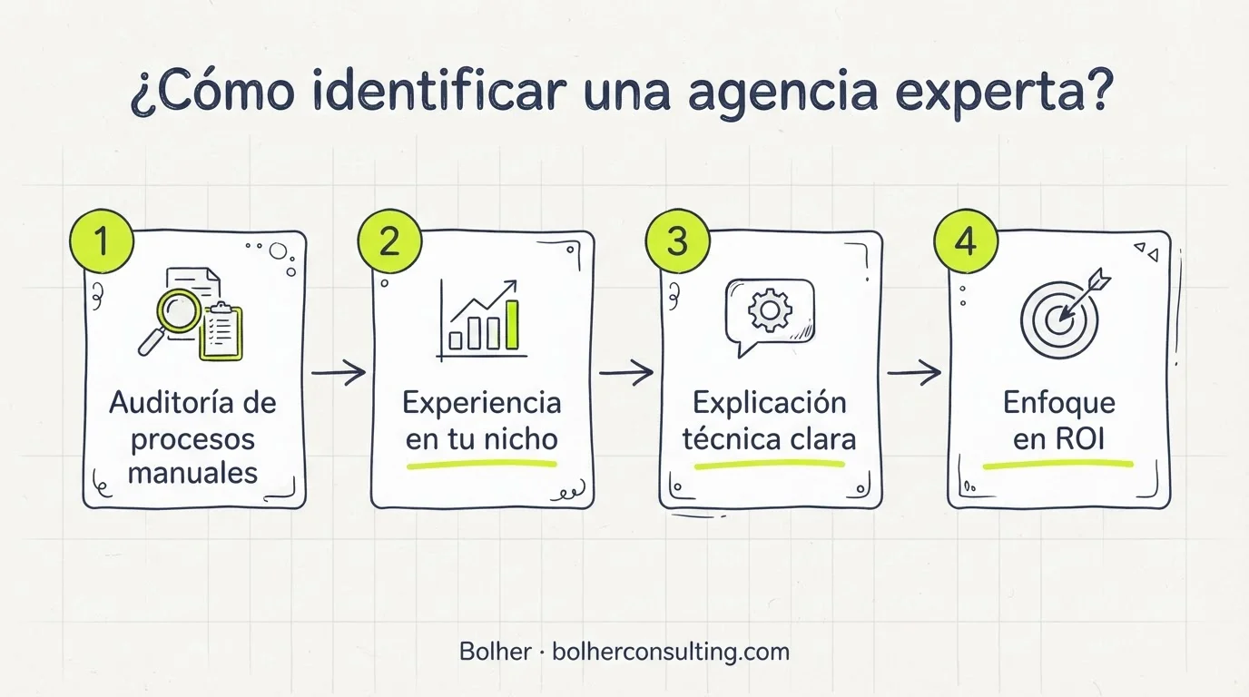 Lista de verificación de Bolher para identificar una agencia de IA competente mediante auditoría y experiencia.