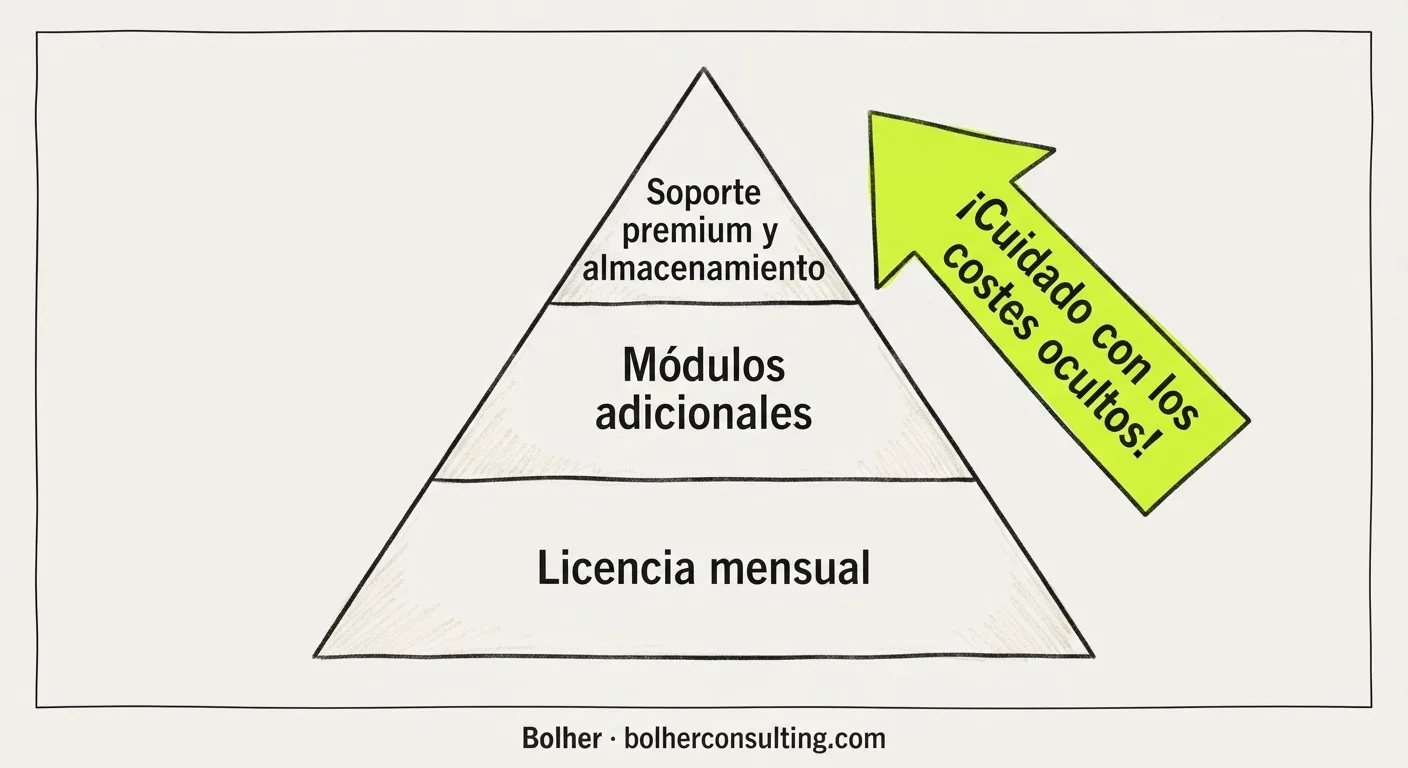 Gráfico de desglose de costes ocultos en la elección de un CRM para pymes.