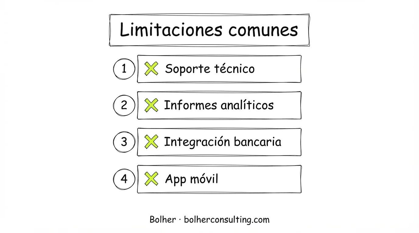Lista de carencias en ERP gratuitos: soporte, analítica, integraciones y app móvil.