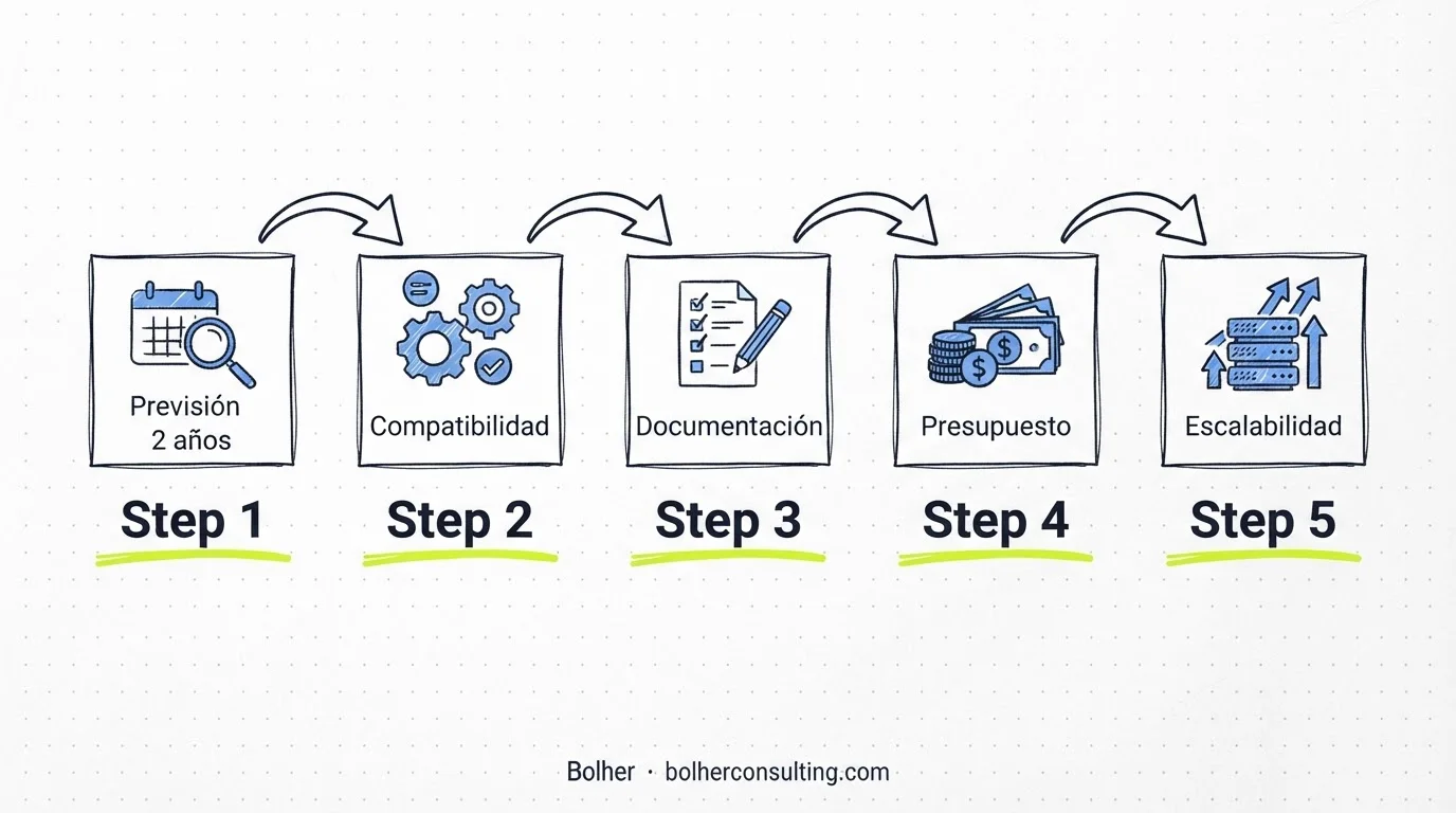 Infografía sobre pasos estratégicos para escalar un ERP: planificación, datos y presupuesto.
