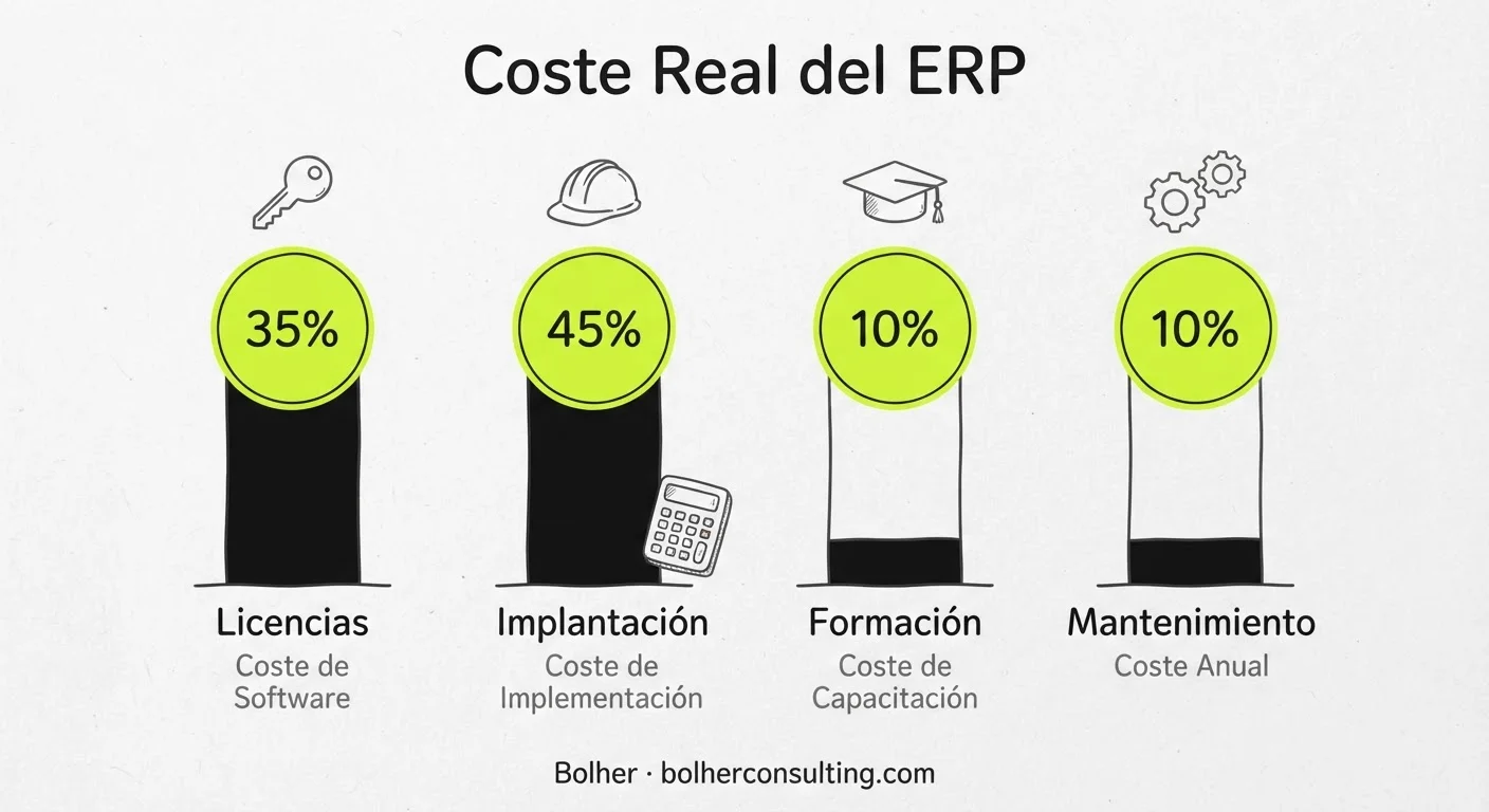 Gráfico de barras mostrando los 4 pilares del coste real de un ERP para pymes.