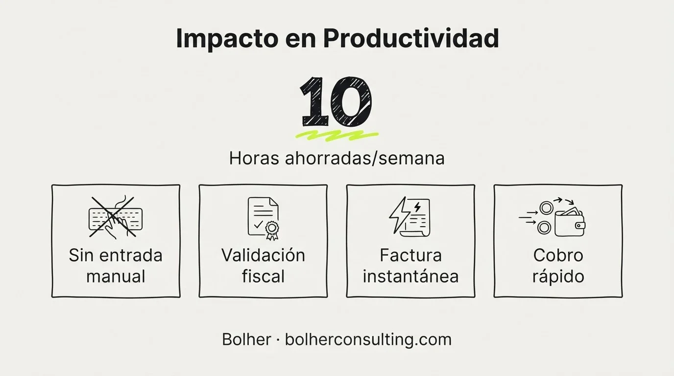 Infografía que muestra el ahorro de 10 horas semanales por empleado mediante automatización de facturación.