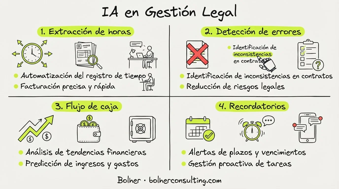Infografía sobre el uso de Inteligencia Artificial para extraer horas facturables y automatizar gestión legal.