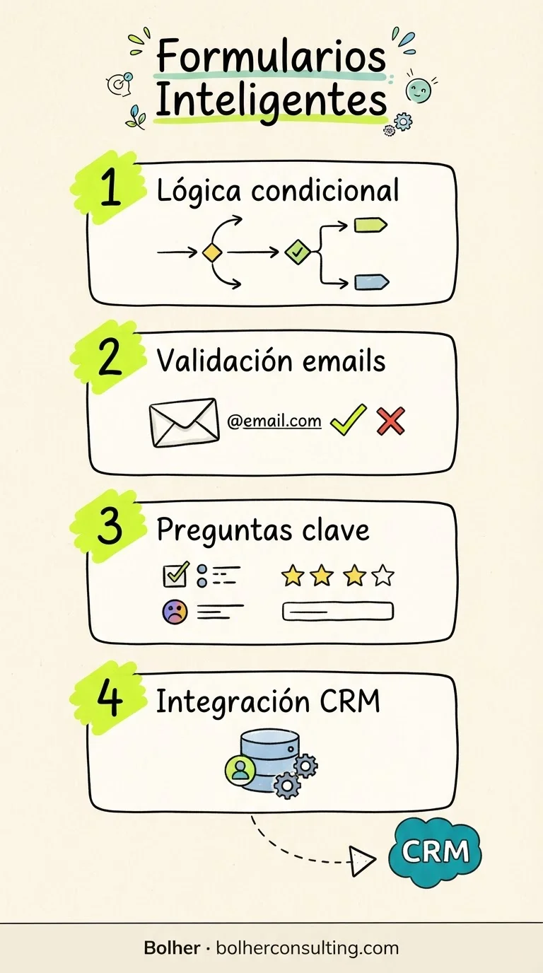 Infografía sobre lógica de formularios para filtrar leads: validación, segmentación y CRM.