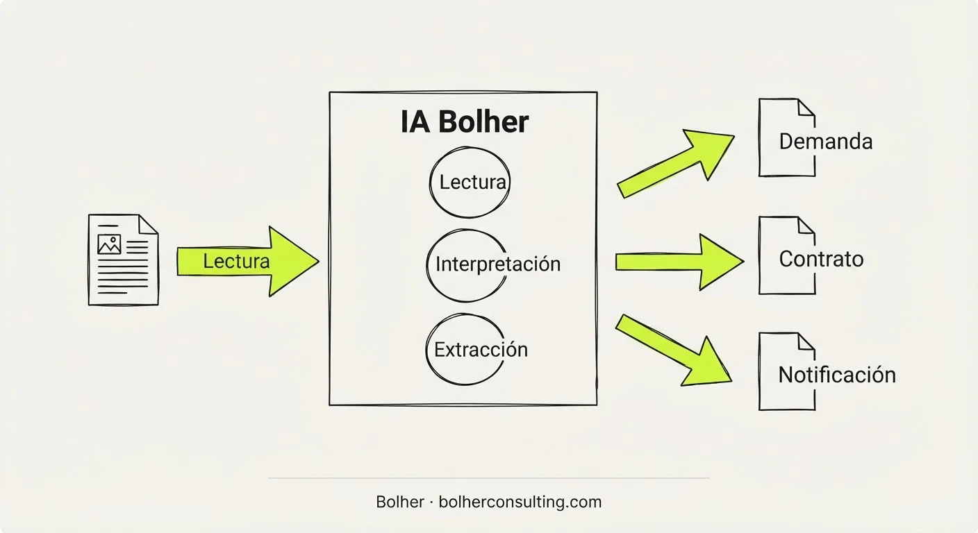 Infografía sobre el funcionamiento de la IA en la clasificación automática de documentos jurídicos.