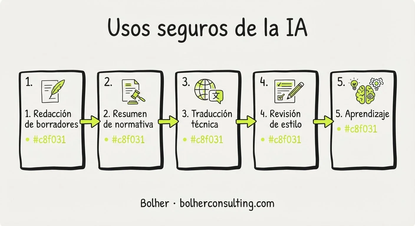 Infografía con usos seguros de IA para abogados gratis: redacción, resúmenes y traducción técnica.