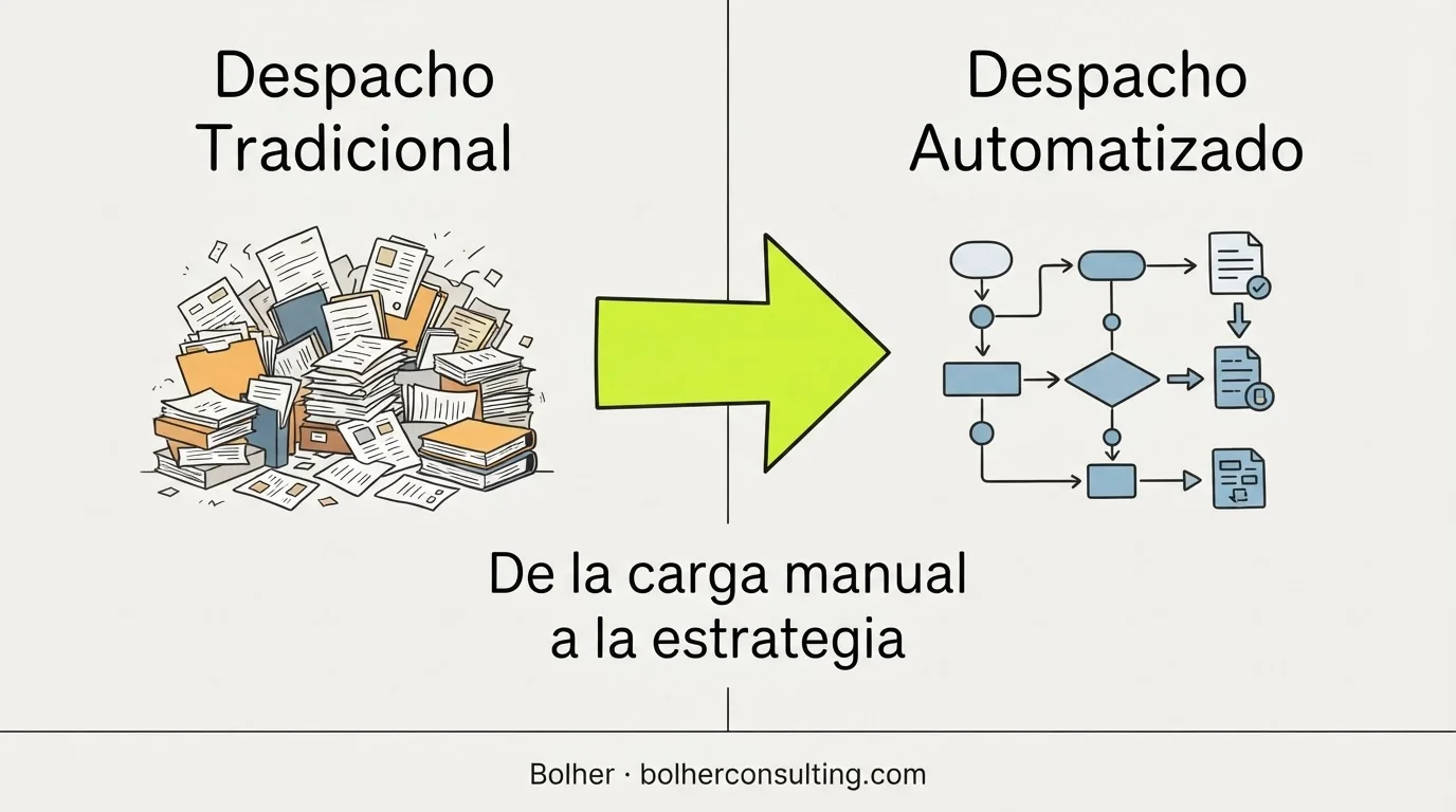 Infografía comparativa: Abogacía tradicional vs Abogacía con automatización inteligente.