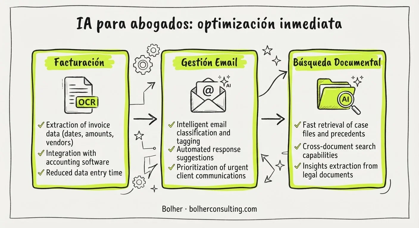 Mapa de procesos legales donde la IA genera mayor ahorro: facturación, email y gestión documental.