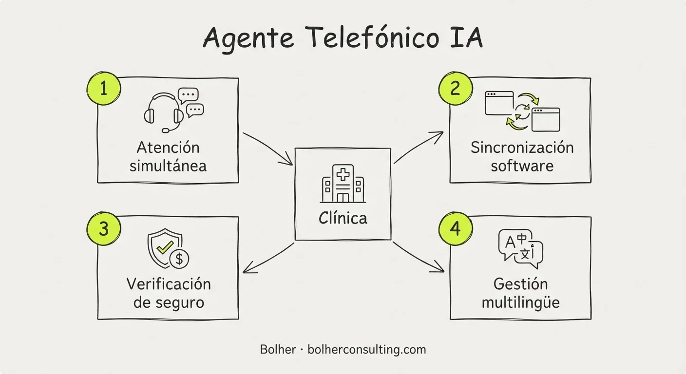 Infografía sobre beneficios del agente telefónico de IA en clínicas: sin esperas y sincronización con software médico.
