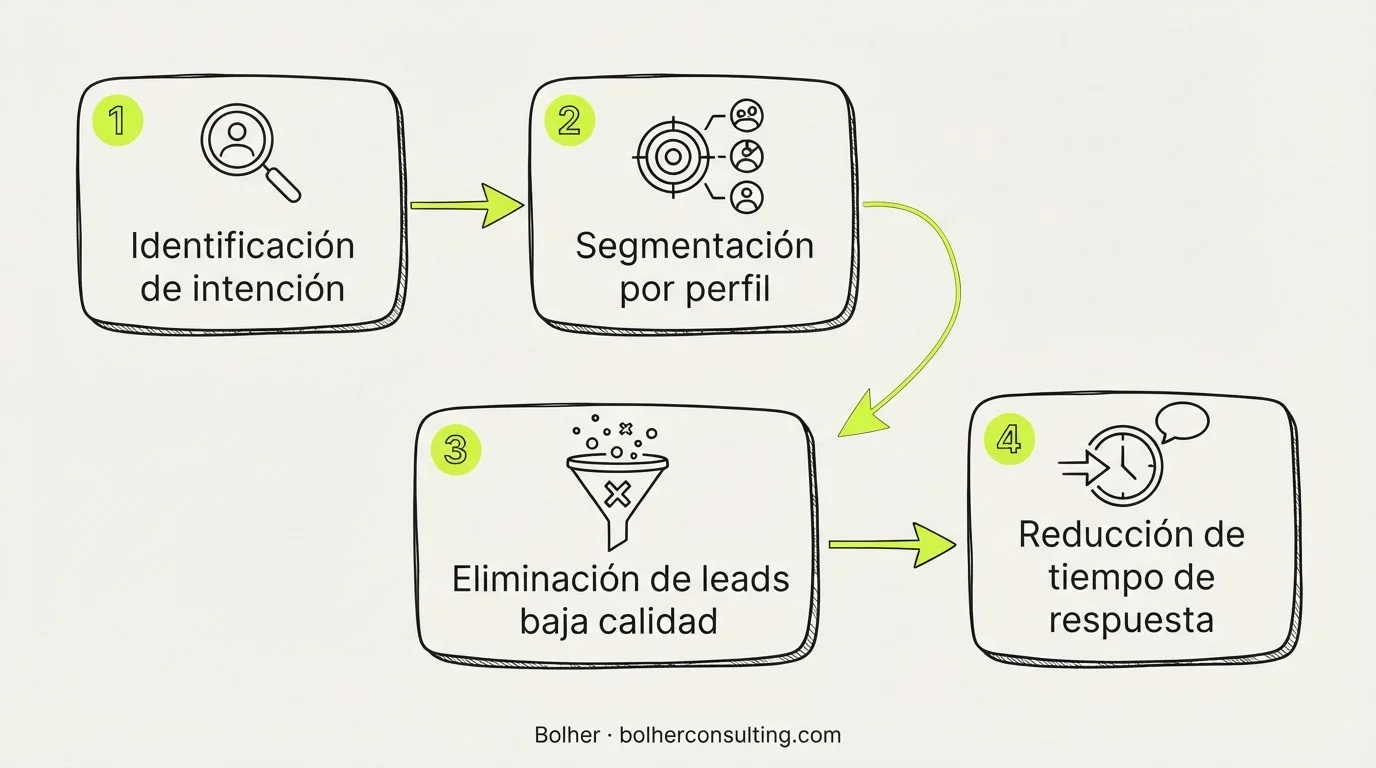 Proceso de cualificación de leads con IA: identificación, segmentación, filtrado y respuesta rápida.