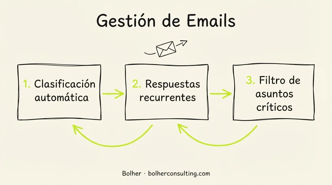 Infografía sobre clasificación automática de correos y gestión de bandeja de entrada en despachos