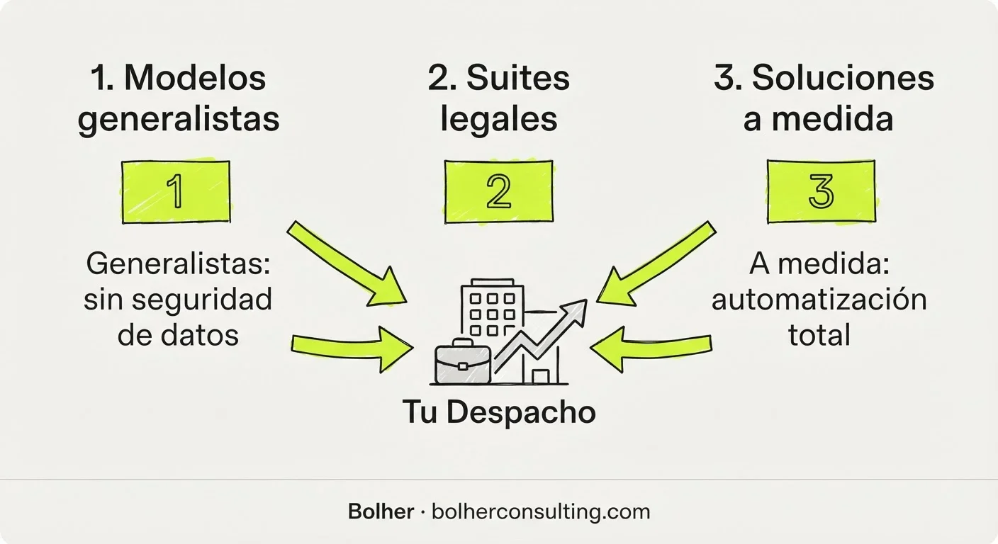 Comparativa de herramientas de IA para despachos: modelos generalistas, suites legales y soluciones a medida.