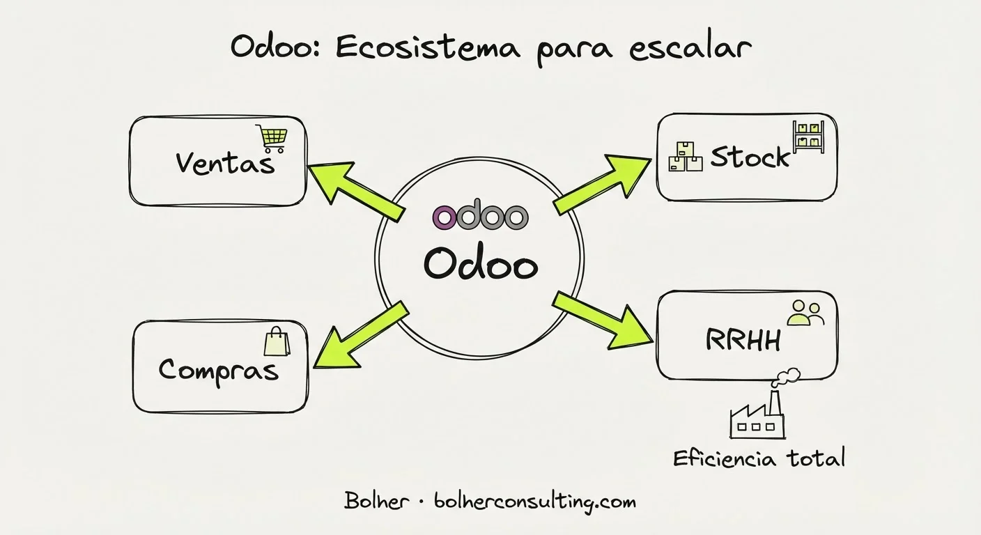 Diagrama de flujo de Odoo: interconexión de departamentos para eficiencia total