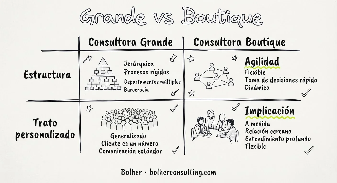 Matriz comparativa entre consultora grande y boutique para elegir partner Odoo
