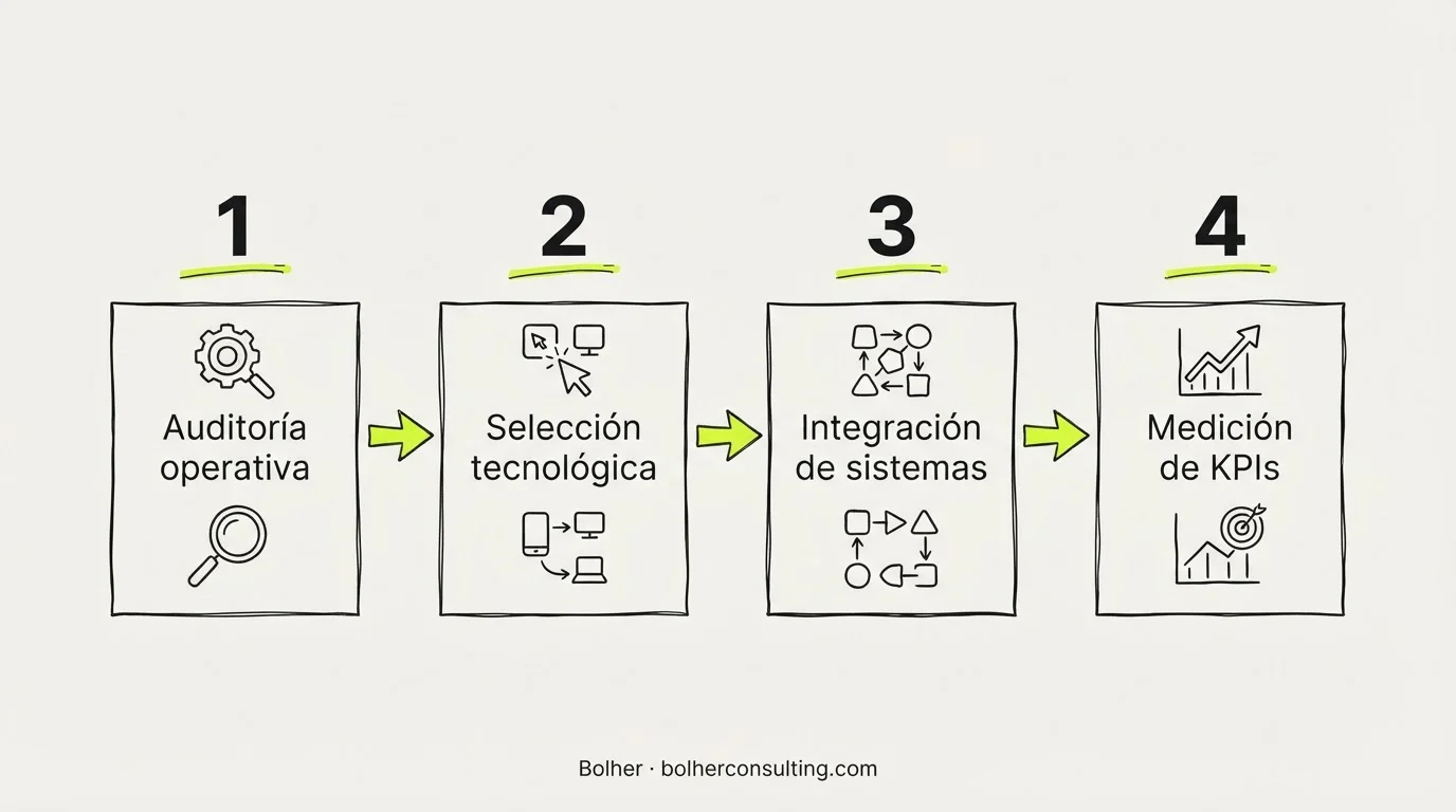 Infografía de las tres fases de consultoría de IA: diagnóstico, diseño e implementación de procesos.