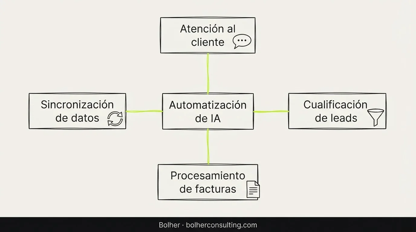 Procesos clave para automatizar con IA: atención al cliente, leads, facturas y datos.