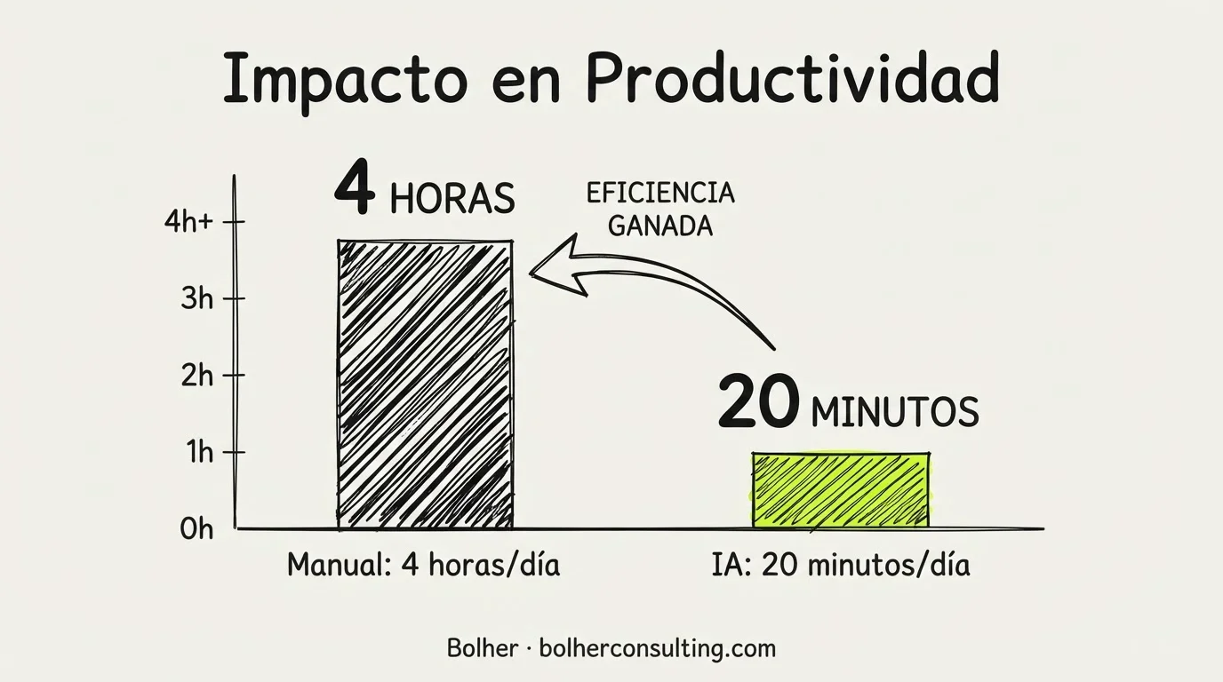Comparativa de ahorro de tiempo: de 4 horas a 20 minutos en gestión de facturas.