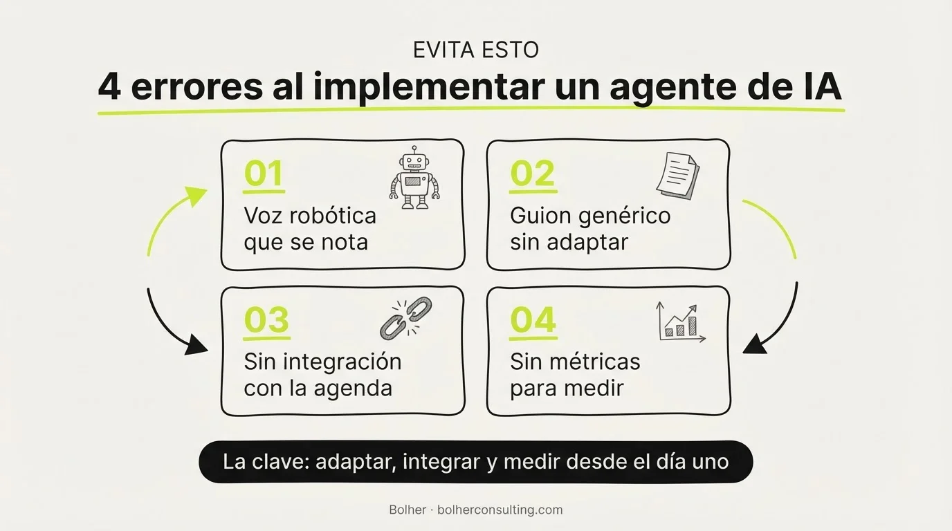 Errores comunes al implementar un agente de IA: voz robótica, guion genérico, sin integración y sin métricas