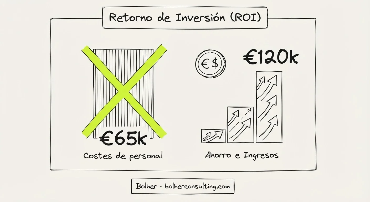 Gráfico de retorno de inversión: ahorro de costes y aumento de ingresos con IA.
