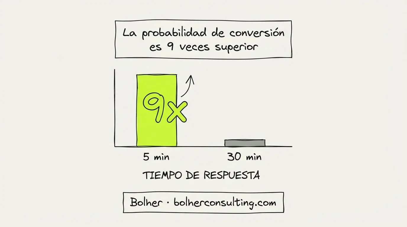 Infografía sobre la importancia de la velocidad de respuesta: 5 minutos vs 30 minutos.