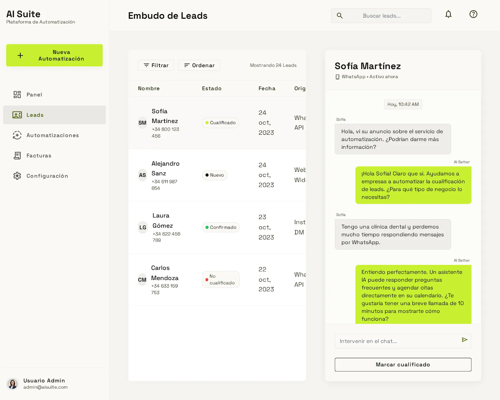 CRM de cualificación de leads con un agente de ventas con IA que agenda citas comerciales automáticamente